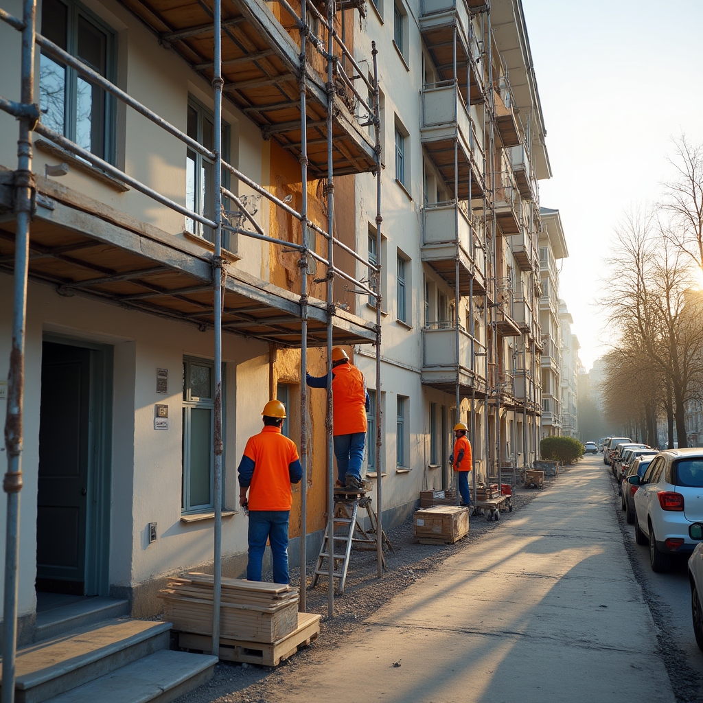 Lucrări de reparații și renovare la un bloc de locuințe