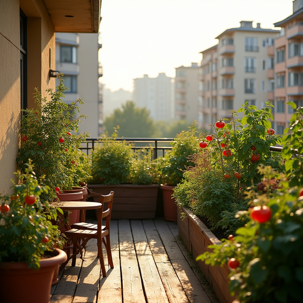 Terasă de bloc amenajată cu plante și grădină urbană